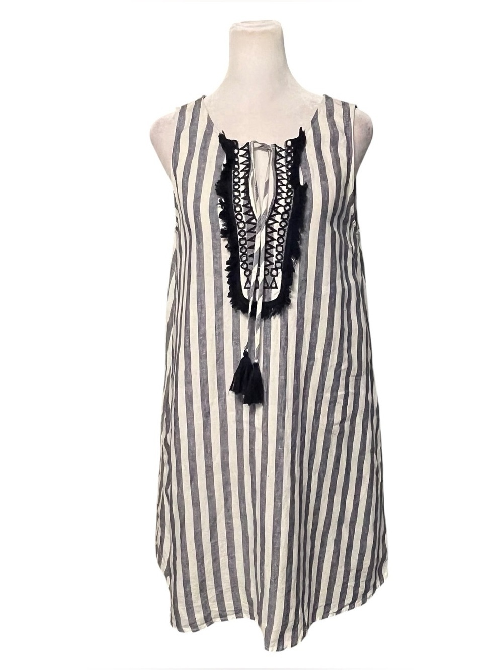 Antibes Blanc Blue White Stripe Linen Split Neck Shift Dress Size Small